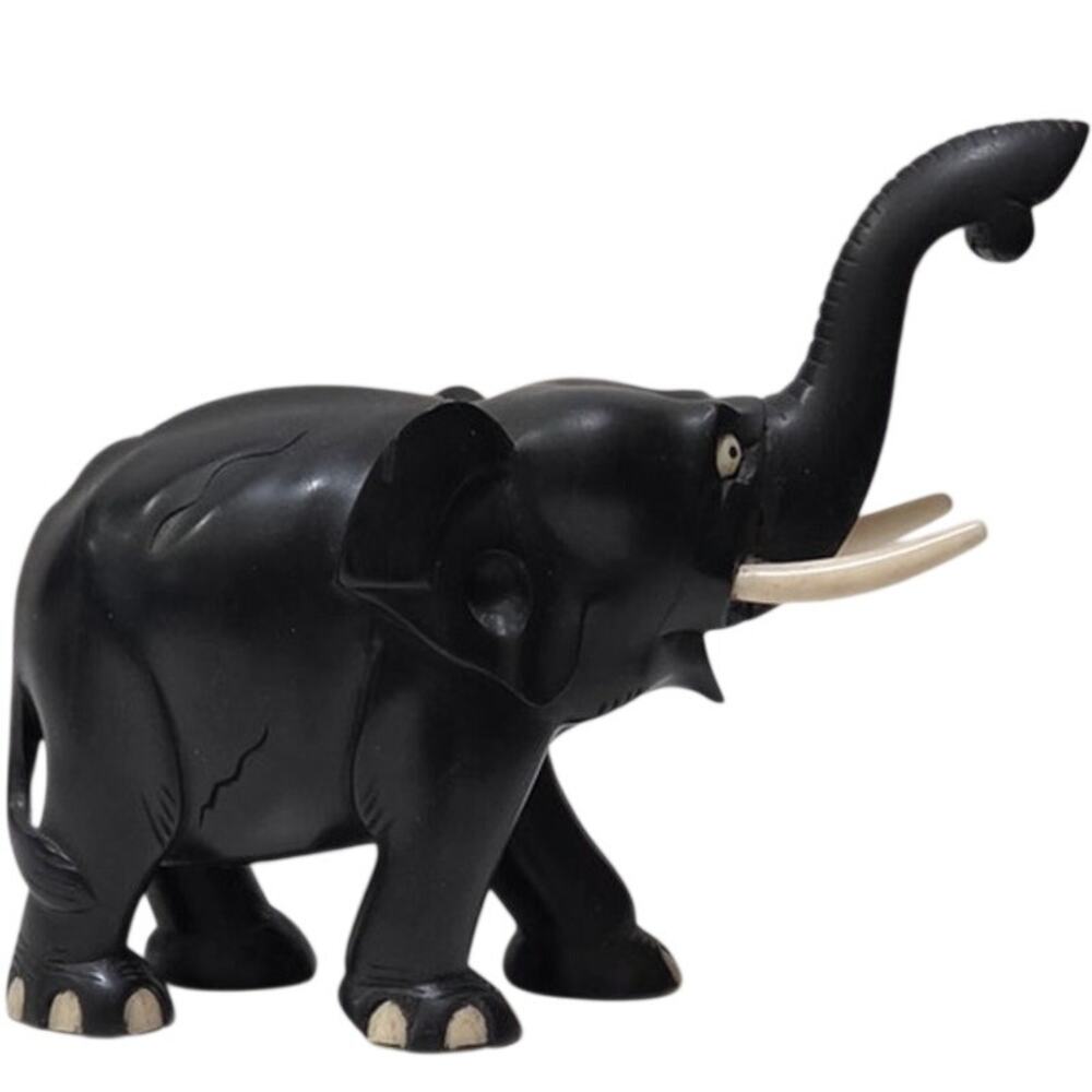 Vintage Hand-Carved Ebony Elephant with Tusks African Art 6”